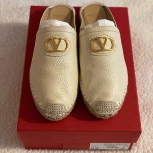 Valentino Cream Leather Mules Espadrilles with Gold Logo